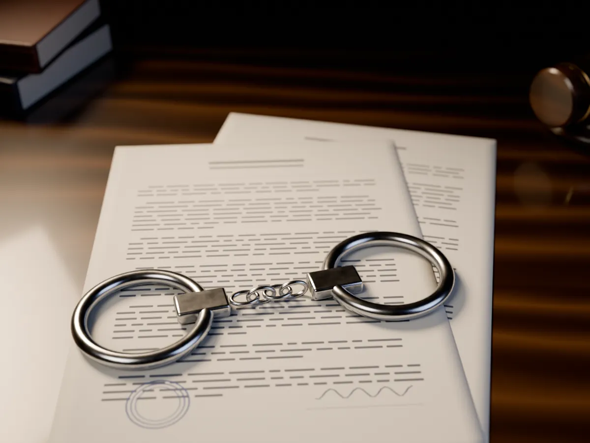 Handcuffs resting on legal documents