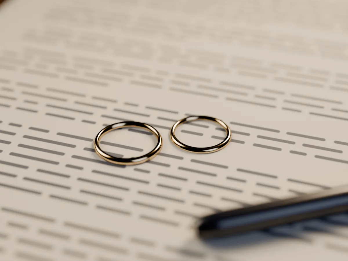 Two wedding rings resting on a marriage document
